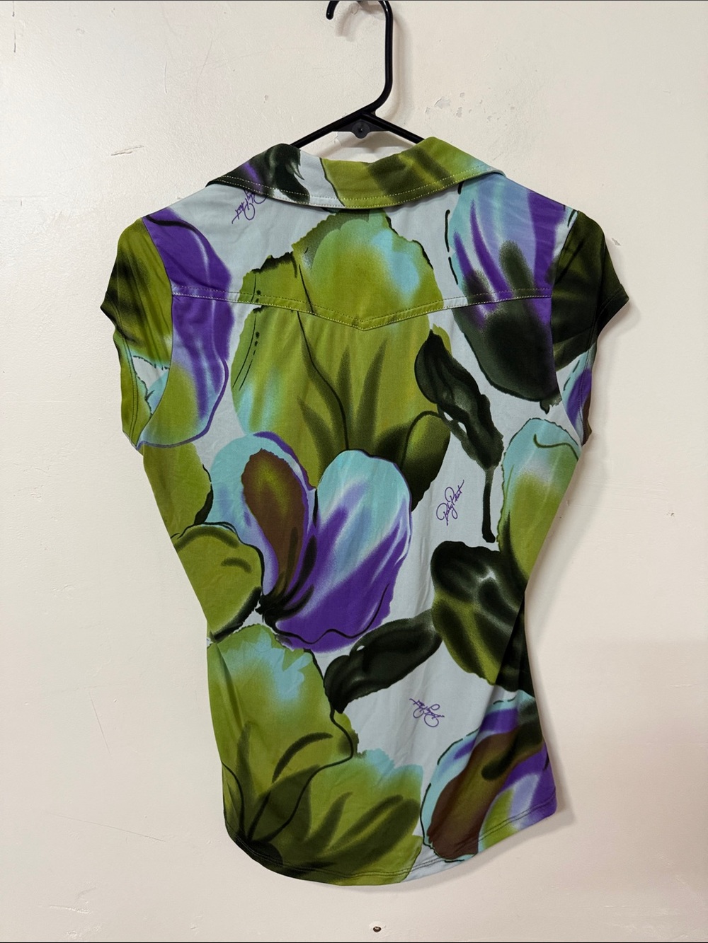 Baby Phat Green Purple Floral Button-Up Polo Y2K - Picture 4 of 4